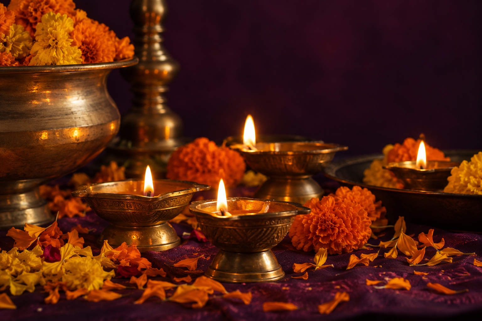 Glowing brass diyas and marigold petals for Diwali